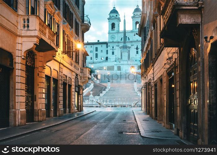 Spanish Stairs and roman street in the morning, Italy