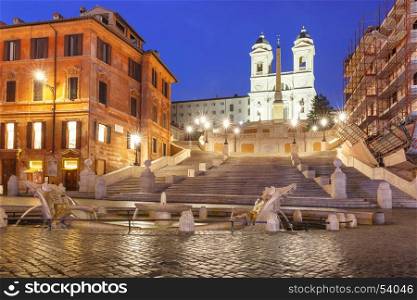 Spanish Steps at night, Rome, Italy.. Monumental stairway Spanish Steps, seen from Piazza di Spagna, and the Early Baroque fountain called Fontana della Barcaccia or Fountain of the ugly Boat during morning blue hour, Rome, Italy.