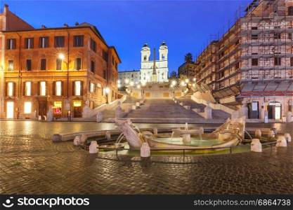 Spanish Steps at night, Rome, Italy.. Monumental stairway Spanish Steps, seen from Piazza di Spagna, and the Early Baroque fountain called Fontana della Barcaccia or Fountain of the ugly Boat during morning blue hour, Rome, Italy.