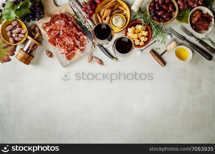 Spanish tapas , food border background overhead view