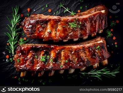 Spare ribs with barbeque marinade and rosemary on table..AI Generative