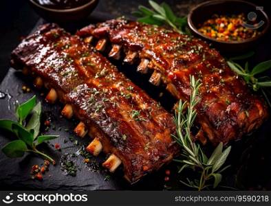 Spare ribs with barbeque marinade and rosemary on table.AI Generative