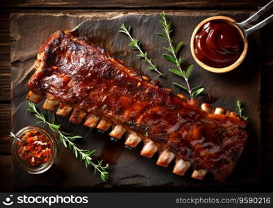Spare ribs with barbeque marinade and sauce on table.AI Generative