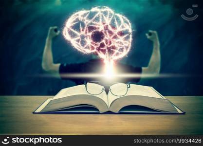 sparkle of brain shape of an artificial intelligence over the Graduation cap with glasses over the Books on the desk in class room with black board background,Education and AI concept