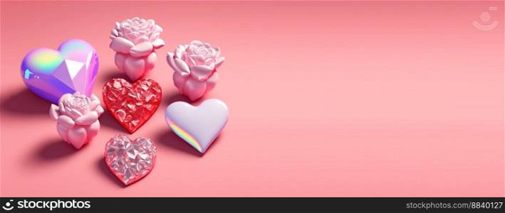 Sparkling 3D illustration of heart, diamond and flower shape for banner and background