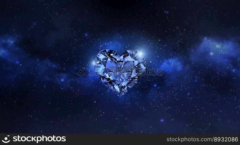 Sparkling heart diamonds floating in the Planet view from space. 3d render