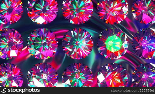 Sparkling iridescent diamonds of fancy round cut style, slowly rotating. Computer generated 3d render. Luxury backdrop Sparkling iridescent diamonds of fancy round cut style, slowly rotating. Computer generated 3d render. Luxury backdrop. Sparkling iridescent diamonds of fancy round cut style, slowly rotating. Computer generated 3d render. Beautiful background