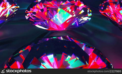 Sparkling iridescent diamonds of fancy round cut style, slowly rotating. Computer generated 3d render. Luxury backdrop Sparkling iridescent diamonds of fancy round cut style, slowly rotating. Computer generated 3d render. Luxury backdrop. Sparkling iridescent diamonds of fancy round cut style, slowly rotating. Computer generated 3d render. Beautiful background