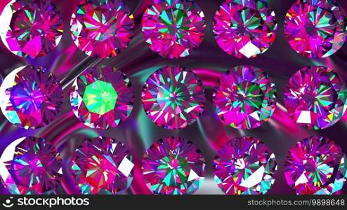 Sparkling iridescent diamonds of fancy round cut style, slowly rotating. Computer generated 3d render. Luxury backdrop. Sparkling iridescent diamonds of fancy round cut style, slowly rotating. Computer generated 3d render. Beautiful background