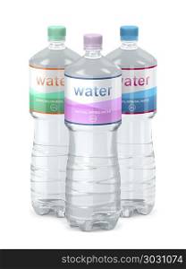 Sparkling, spring and mineral water. Different types of bottled water, 3D illustration