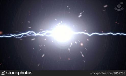Sparks fly when bolts of plasma lightning meet over a black background. With lens flare and subtle rain effect. Looks great over any background using the &#8220;Add&#8221; or &#8220;Screen&#8221; blending mode.