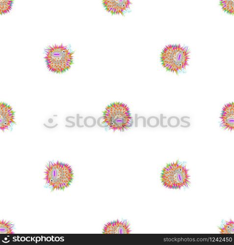 Sparse seamless pattern illustrating a porcupine fish in various positions, items isolated on white