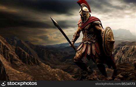 Spartan Warrior Overlooking from Mountain Summit. Generative ai. High quality illustration. Spartan Warrior Overlooking from Mountain Summit. Generative ai