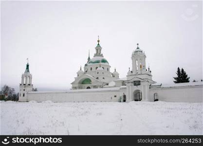 Spaso-Yakovlevsky Dimitrievsky male monastery on a winter day, the city of Rostov, Yaroslavl region, Russia.