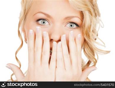 speak no evil concept - face of beautiful woman covering her mouth