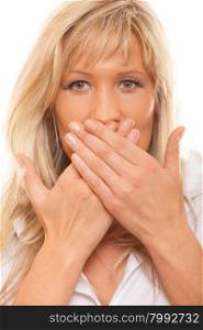Speak no evil concept. Surprised woman face, covering her mouth with hands isolated
