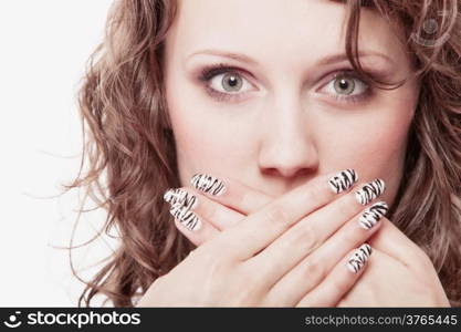 Speak no evil concept. Surprised woman face, girl covering her mouth with hands over white background