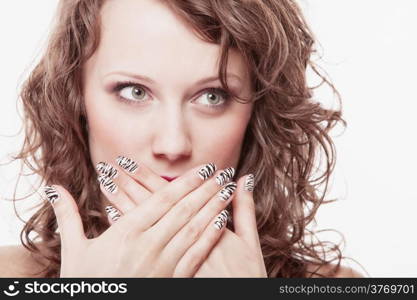 Speak no evil concept. Surprised woman face, girl covering her mouth with hands over white background