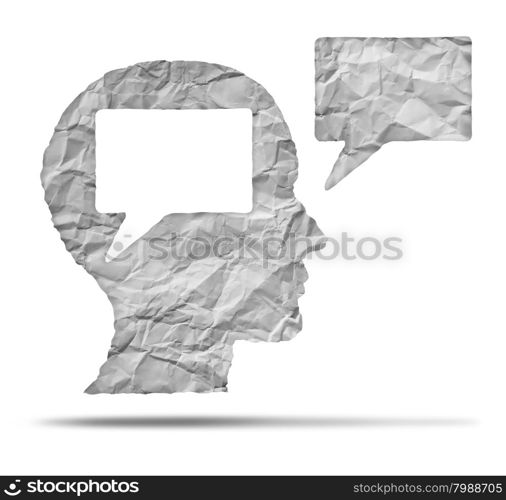 Speak out concept and express your opinion symbol as a crumpled paper shaped as a human head and talk balloon as a communication icon for broadcasting inner thoughts.