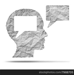 Speak out concept and express your opinion symbol as a crumpled paper shaped as a human head and talk balloon as a communication icon for broadcasting inner thoughts.