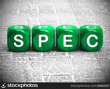 Spec concept icon means specifications or statement of work. Precise information and clarification of product details - 3d illustration