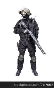 Spec ops soldier in black uniform and face mask with shotgun