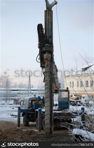 Special car for drilling wells in the ground. winter