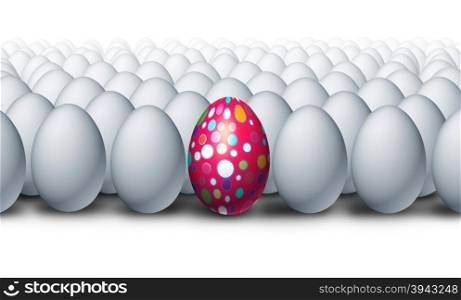 Special decorated egg standing out as a a creative outstanding individual from a group of ordinary white eggs as an Easter celebration symbol for a spring festive tradition.