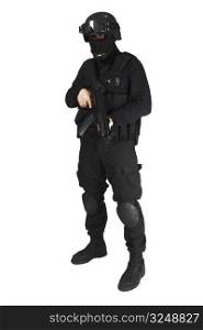 Special force soldier in black tactical suit.