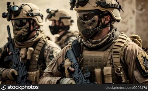Special forces soldiers go to military operation. Generative AI. High quality illustration. Special forces soldiers go to military operation. Generative AI