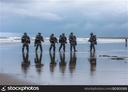 special forces soldiers with weapon take part in military maneuver. war, army, technology and people concept. Neural network AI generated art. special forces soldiers with weapon take part in military maneuver. war, army, technology and people concept. Neural network AI generated