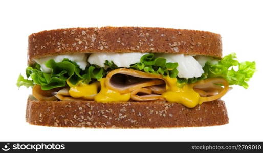 Special of the day: a moist chicken sandwich on whole wheat, multi-grain bread. Studio isolated on white background.