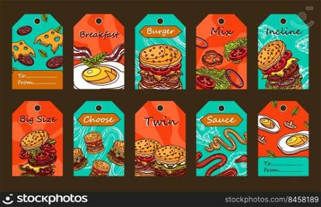 Special tag designs with burgers. Sliced ingredients, sauce and fried egg on colorful background. Unhealthy meal and nutrition concept. Template for greeting labels or invitation card