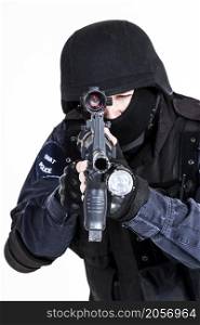 Special weapons and tactics (SWAT) team officer with his gun