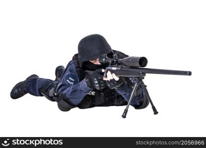 Special weapons and tactics (SWAT) team officer with sniper rifle