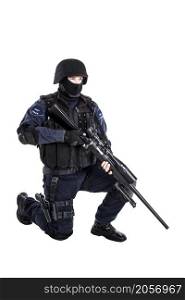 Special weapons and tactics (SWAT) team officer with sniper rifle