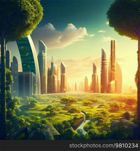 Spectacular eco-futuristic cityscape. Illustration AI Generative 