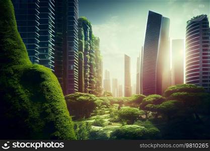 Spectacular eco-futuristic cityscape. Illustration AI Generative 