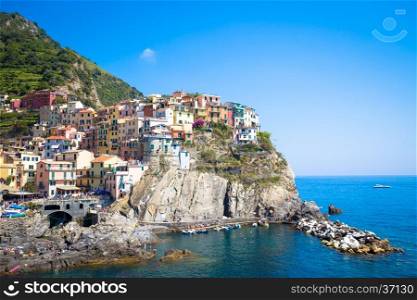 Spectacular panorama of Manarola Town in Cinque Terre during a sunny day