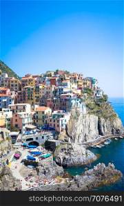 Spectacular panorama of Manarola Town in Cinque Terre during a sunny day