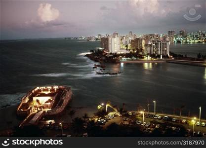 Spectacular view of a coastal city illuminated with lights, Puerto Rico
