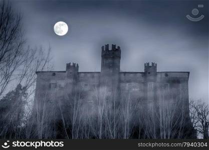 Spectral castle at night, with full moon in the sky, horizontal image