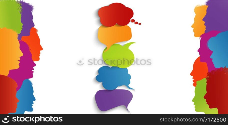 Speech bubble. Communication connection group of diverse multiethnic people.Speak. Information sharing.Communicating talking sharing ideas and thoughts.Social network.Socializing and informing