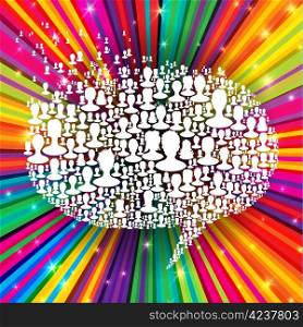 Speech bubble, composed from many people silhouettes on colorful rays background. Social network concept, vector, EPS10