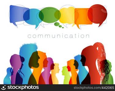 Speech bubble. Concept to communicate. Group people in profile silhouette talking. Crowd speaks. Communication text. Social networking. Multicolored clouds. Talk. Isolated