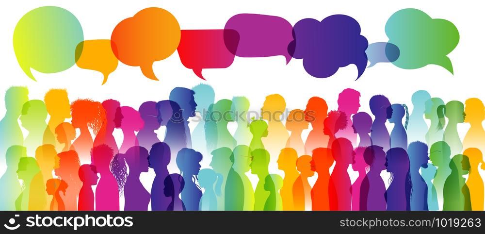 Speech bubble. Dialogue large group of diverse people. Communication between people. Crowd talking. Silhouette profiles. Rainbow colours. Interview