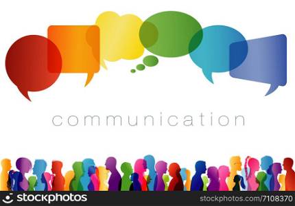 Speech bubble. Large isolated group people in profile talking silhouette. Concept to communicate. Crowd speaks. Social networking. Multi-ethnic people dialogue. Clouds rainbow colors. Talk
