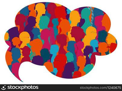 Speech bubble shape.Dialogue and communication group of diverse multiethnic and multicultural people.Silhouette of colored profile.Crowd talking.Population.Society.Community.Friendship