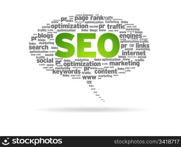 Speech bubble with the word SEO on white background.