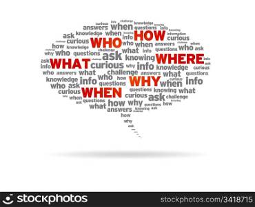 Speech bubble with the words, How, Who, What, Where, Why, When on white background.